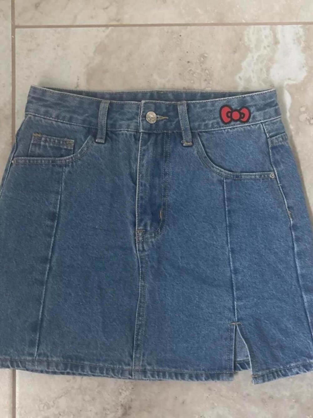 Blue denim mini skirt with hello kitty back pocket #denim #mini